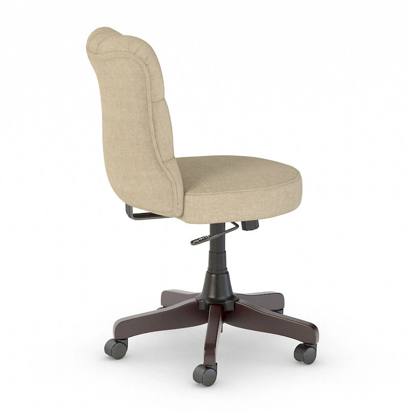 Chaise de bureau capitonnée mi-dossier, tissu crème/camel / cuir gris délavé, sans accoudoirs, 1 personne