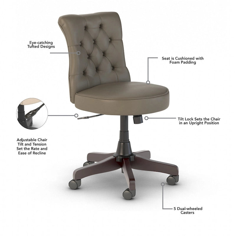 Chaise de bureau capitonnée mi-dossier, tissu crème/camel / cuir gris délavé, sans accoudoirs, 1 personne
