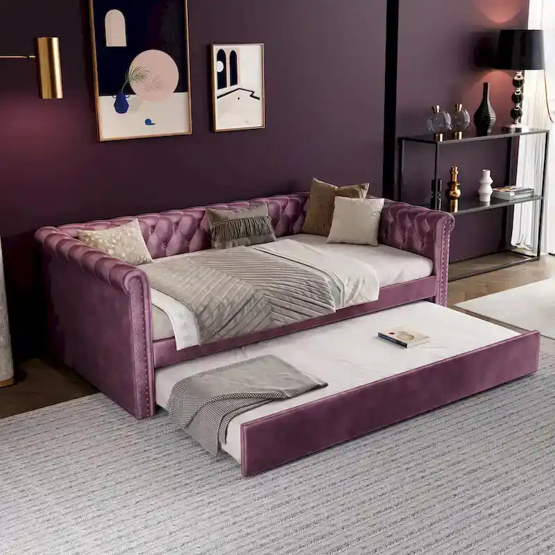 Lit de repos capitonné en velours avec lit gigogne, violet / gris / vert, accoudoirs incurvés, 2 places