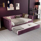 Lit de repos capitonné en velours avec lit gigogne, violet / gris / vert, accoudoirs incurvés, 2 places