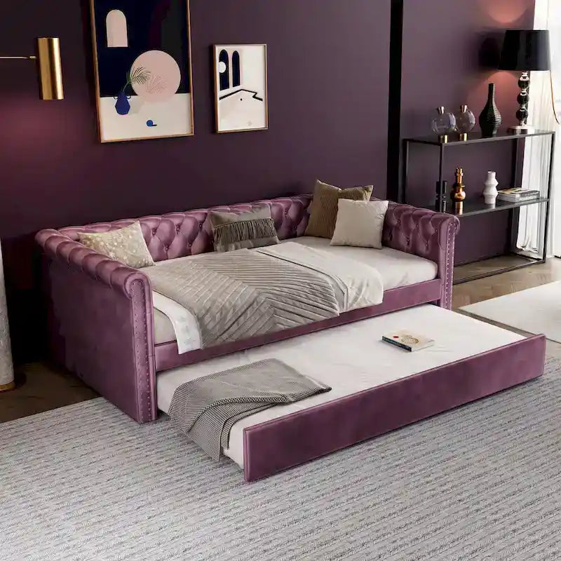 Lit de repos capitonné en velours avec lit gigogne, violet / gris / vert, accoudoirs incurvés, 2 places