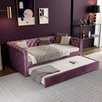 Lit de repos capitonné en velours avec lit gigogne, violet / gris / vert, accoudoirs incurvés, 2 places
