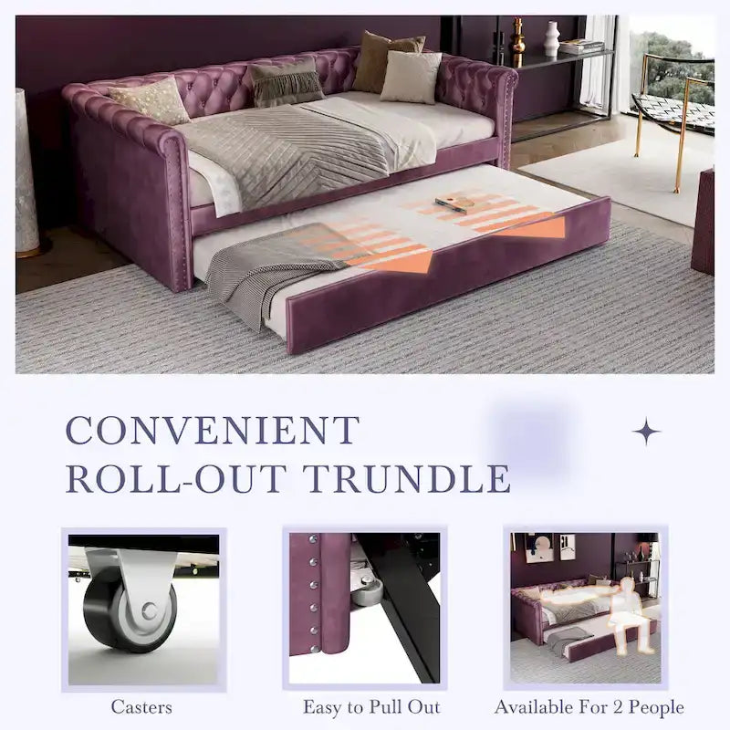 Lit de repos capitonné en velours avec lit gigogne, violet / gris / vert, accoudoirs incurvés, 2 places