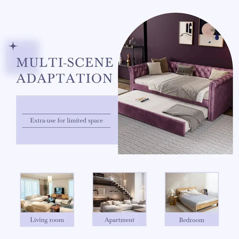 Lit de repos capitonné en velours avec lit gigogne, violet / gris / vert, accoudoirs incurvés, 2 places