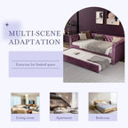 Lit de repos capitonné en velours avec lit gigogne, violet / gris / vert, accoudoirs incurvés, 2 places
