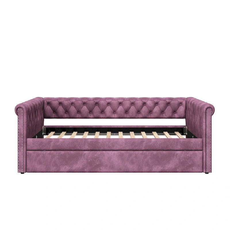 Lit de repos capitonné en velours avec lit gigogne, violet / gris / vert, accoudoirs incurvés, 2 places
