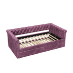 Lit de repos capitonné en velours avec lit gigogne, violet / gris / vert, accoudoirs incurvés, 2 places