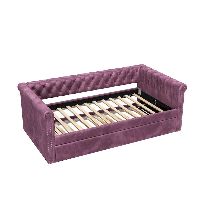 Lit de repos capitonné en velours avec lit gigogne, violet / gris / vert, accoudoirs incurvés, 2 places