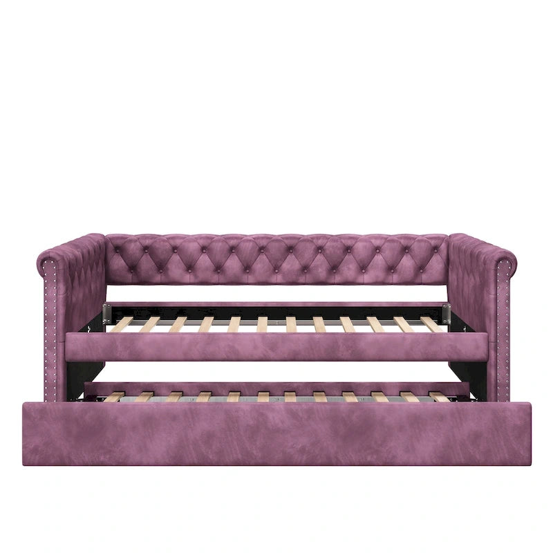 Lit de repos capitonné en velours avec lit gigogne, violet / gris / vert, accoudoirs incurvés, 2 places