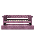 Lit de repos capitonné en velours avec lit gigogne, violet / gris / vert, accoudoirs incurvés, 2 places