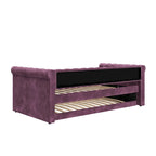 Lit de repos capitonné en velours avec lit gigogne, violet / gris / vert, accoudoirs incurvés, 2 places