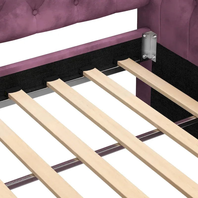 Lit de repos capitonné en velours avec lit gigogne, violet / gris / vert, accoudoirs incurvés, 2 places