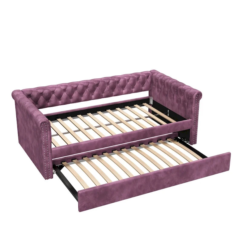 Lit de repos capitonné en velours avec lit gigogne, violet / gris / vert, accoudoirs incurvés, 2 places