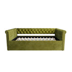 Lit de repos capitonné en velours avec lit gigogne, violet / gris / vert, accoudoirs incurvés, 2 places