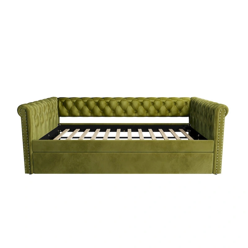 Lit de repos capitonné en velours avec lit gigogne, violet / gris / vert, accoudoirs incurvés, 2 places
