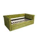 Lit de repos capitonné en velours avec lit gigogne, violet / gris / vert, accoudoirs incurvés, 2 places