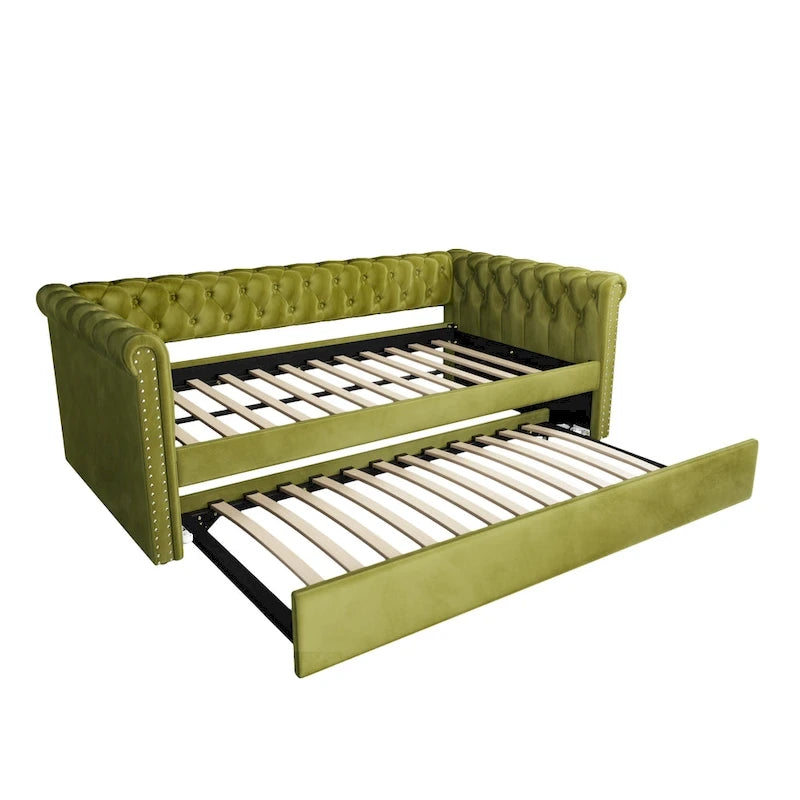 Lit de repos capitonné en velours avec lit gigogne, violet / gris / vert, accoudoirs incurvés, 2 places