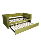 Lit de repos capitonné en velours avec lit gigogne, violet / gris / vert, accoudoirs incurvés, 2 places