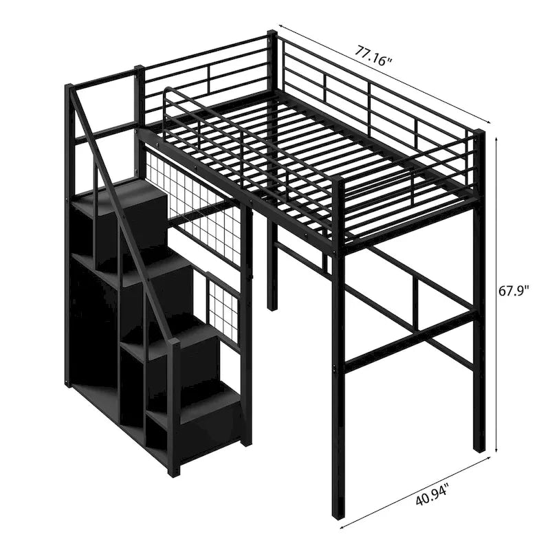 Lit mezzanine métallique avec escalier de rangement et armoire intégrée, blanc/noir, style moderne, taille simple, 1 personne