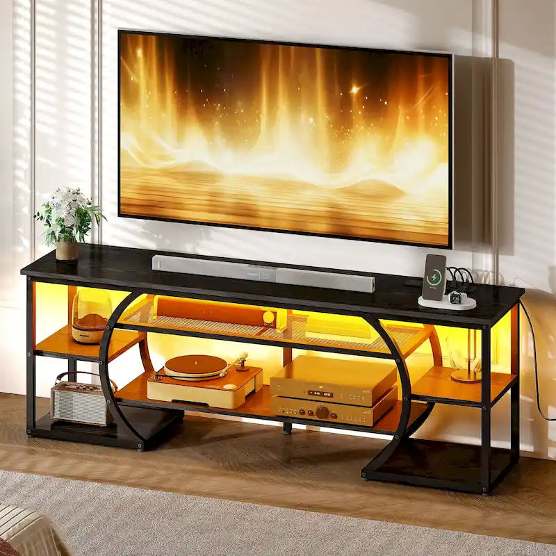 Meuble TV LED industriel avec prises de courant et éclairage RVB, noir, finition vintage, pour TV jusqu'à 70"