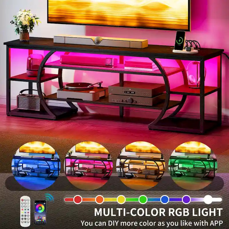 Meuble TV LED industriel avec prises de courant et éclairage RVB, noir, finition vintage, pour TV jusqu'à 70"