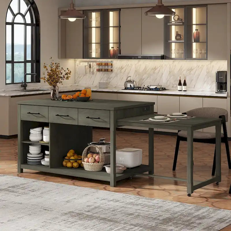 Îlot de cuisine roulant avec plan de travail extensible, 3 tiroirs et prises de courant intégrées, gris, style rétro