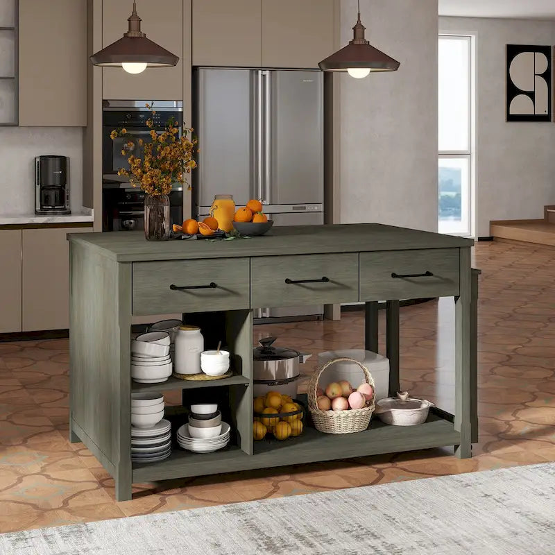 Îlot de cuisine roulant avec plan de travail extensible, 3 tiroirs et prises de courant intégrées, gris, style rétro