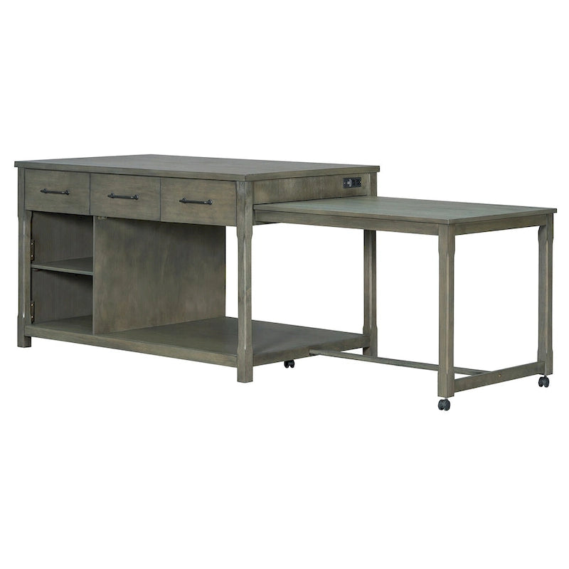 Îlot de cuisine roulant avec plan de travail extensible, 3 tiroirs et prises de courant intégrées, gris, style rétro