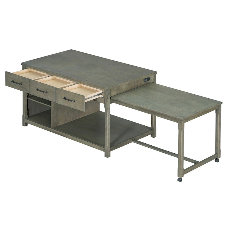 Îlot de cuisine roulant avec plan de travail extensible, 3 tiroirs et prises de courant intégrées, gris, style rétro