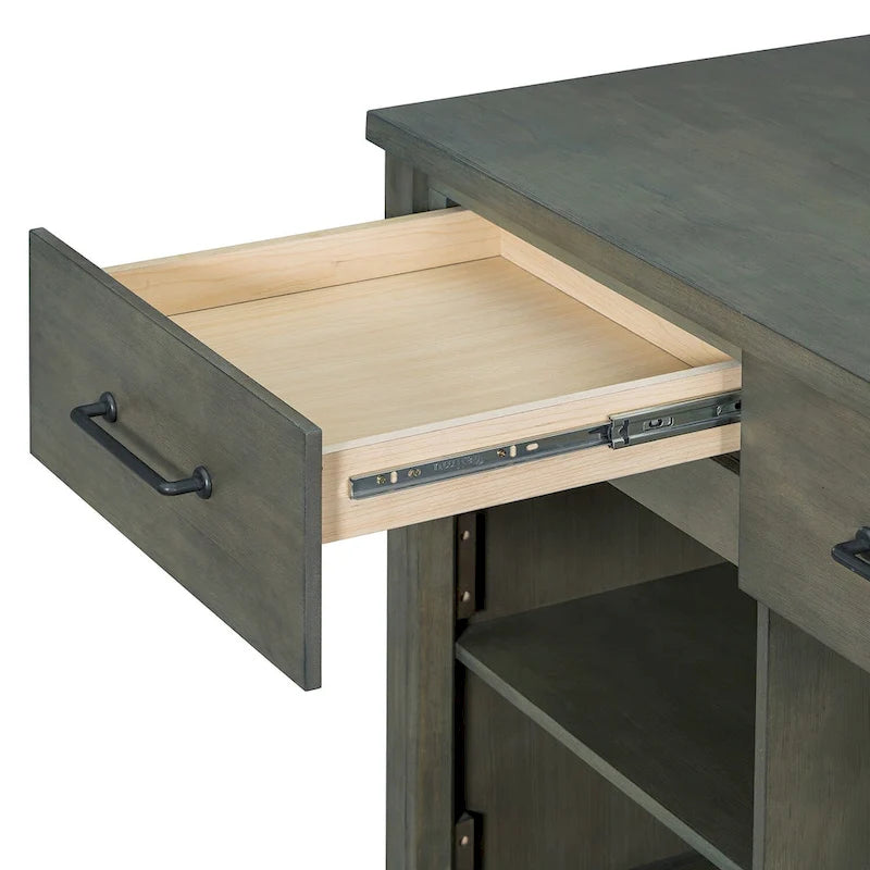 Îlot de cuisine roulant avec plan de travail extensible, 3 tiroirs et prises de courant intégrées, gris, style rétro