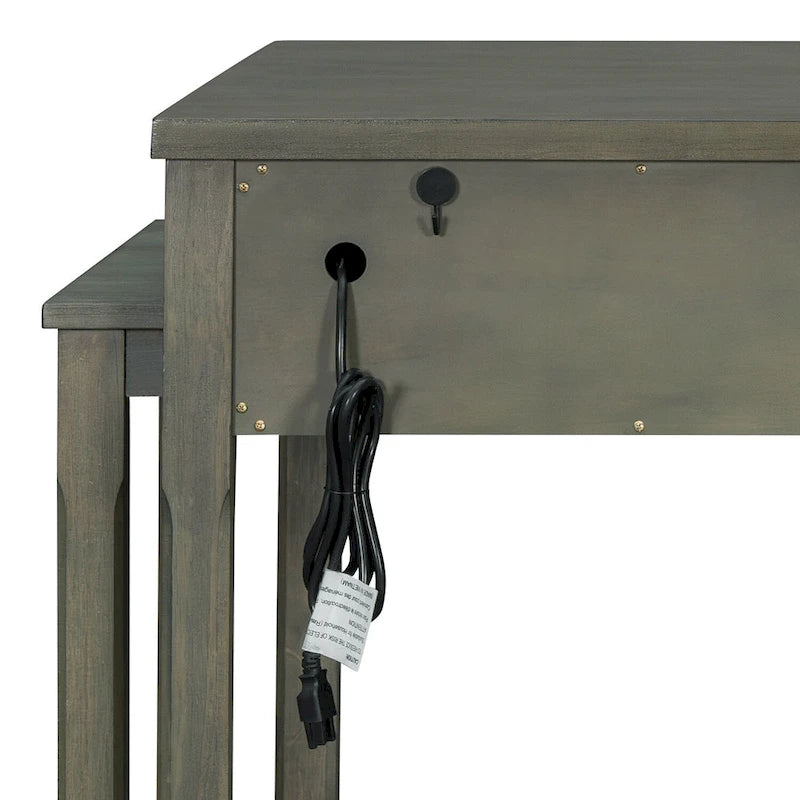 Îlot de cuisine roulant avec plan de travail extensible, 3 tiroirs et prises de courant intégrées, gris, style rétro