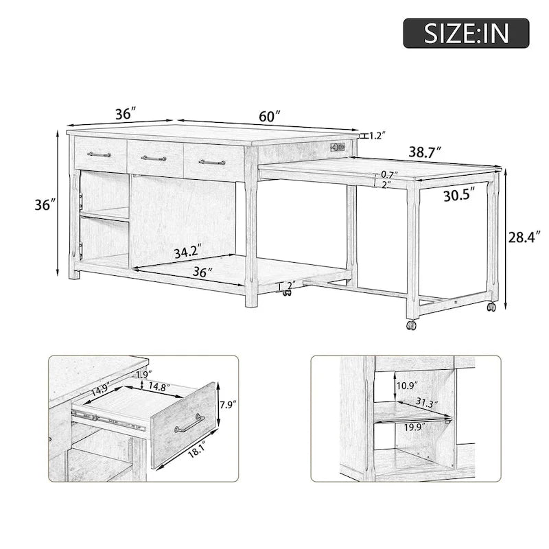 Îlot de cuisine roulant avec plan de travail extensible, 3 tiroirs et prises de courant intégrées, gris, style rétro