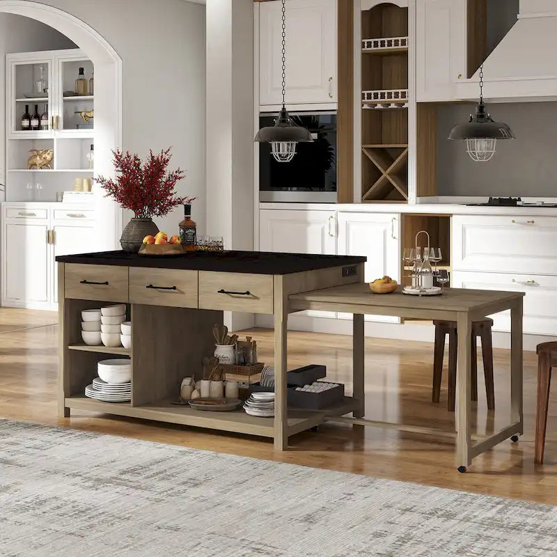 Îlot de cuisine roulant avec plan de travail extensible, 3 tiroirs et prises de courant intégrées, gris, style rétro