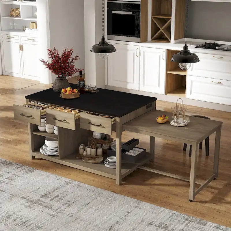 Îlot de cuisine roulant avec plan de travail extensible, 3 tiroirs et prises de courant intégrées, gris, style rétro