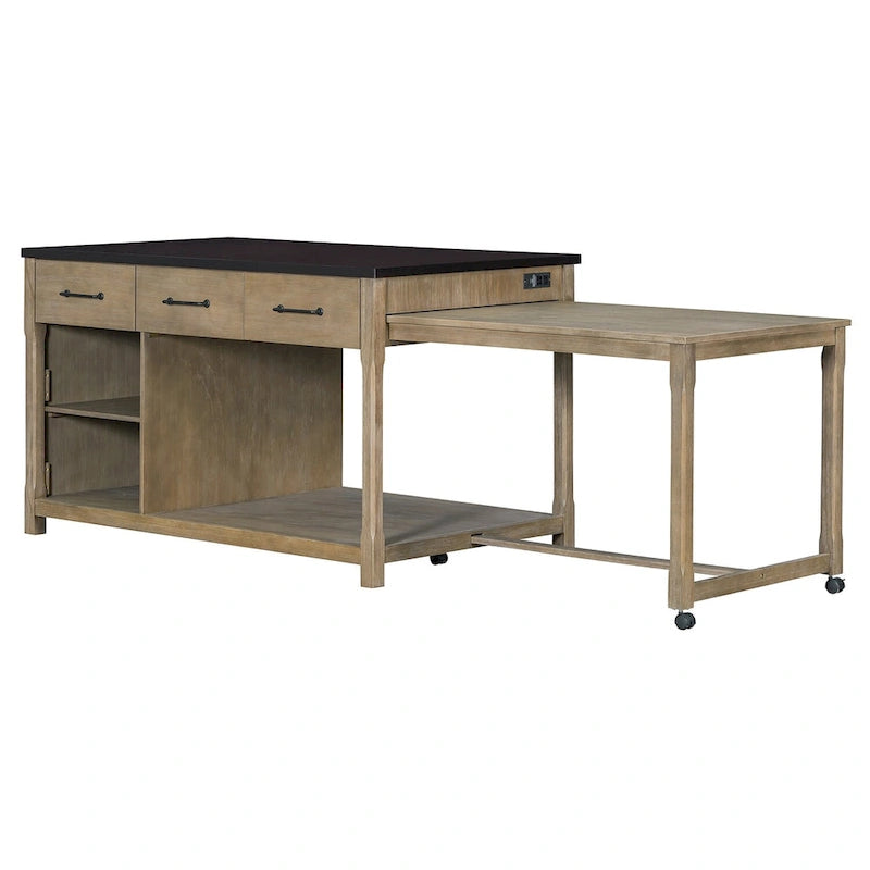 Îlot de cuisine roulant avec plan de travail extensible, 3 tiroirs et prises de courant intégrées, gris, style rétro