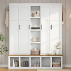 Porte-manteau 4-en-1 avec 4 placards, 6 patères et banc de rangement, blanc / bleu / noir, style rustique