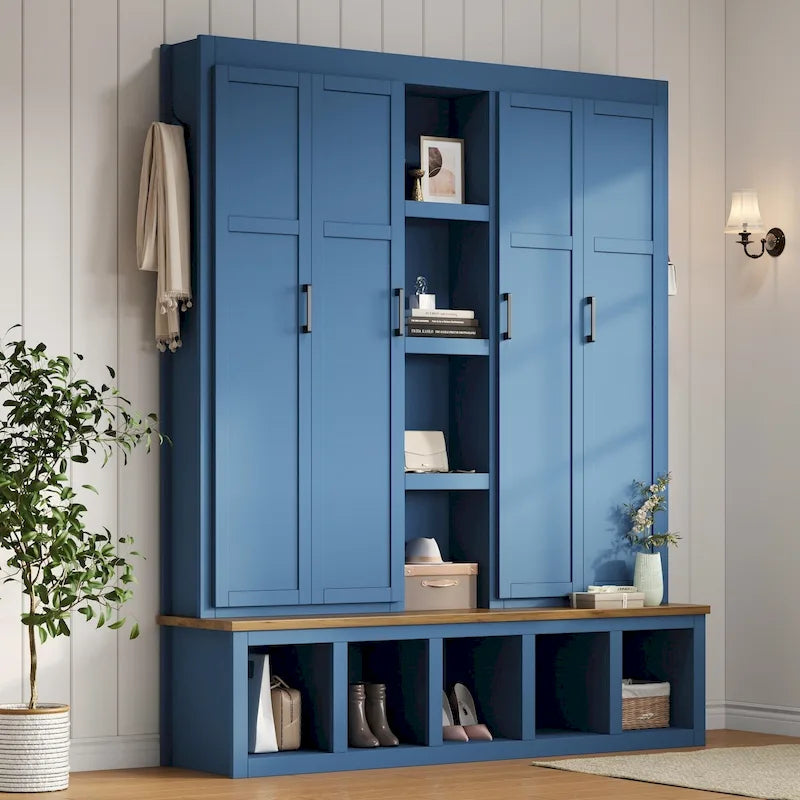 Porte-manteau 4-en-1 avec 4 placards, 6 patères et banc de rangement, blanc / bleu / noir, style rustique