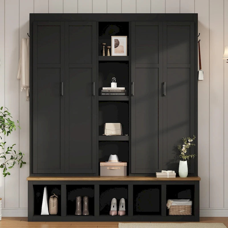 Porte-manteau 4-en-1 avec 4 placards, 6 patères et banc de rangement, blanc / bleu / noir, style rustique