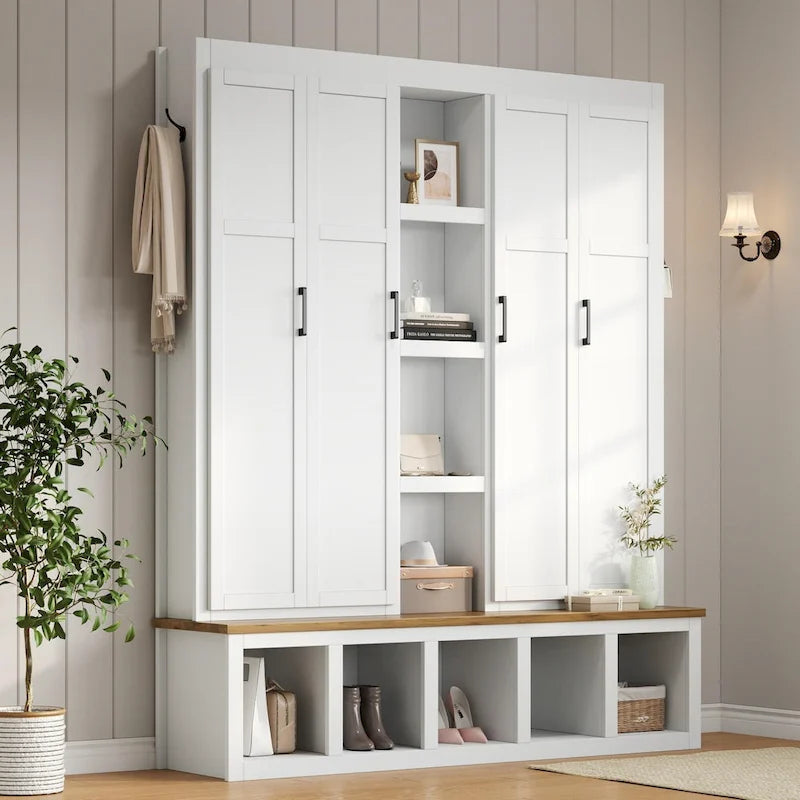 Porte-manteau 4-en-1 avec 4 placards, 6 patères et banc de rangement, blanc / bleu / noir, style rustique