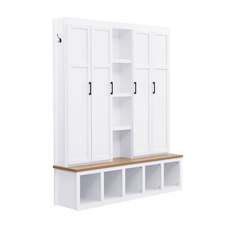 Porte-manteau 4-en-1 avec 4 placards, 6 patères et banc de rangement, blanc / bleu / noir, style rustique