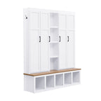 Porte-manteau 4-en-1 avec 4 placards, 6 patères et banc de rangement, blanc / bleu / noir, style rustique