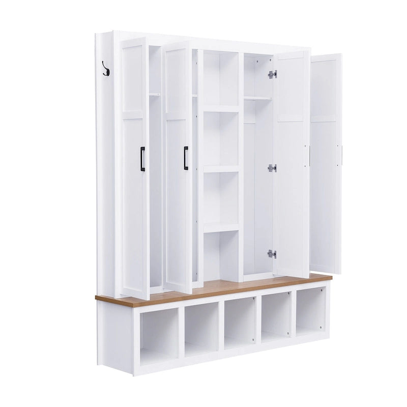 Porte-manteau 4-en-1 avec 4 placards, 6 patères et banc de rangement, blanc / bleu / noir, style rustique