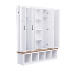 Porte-manteau 4-en-1 avec 4 placards, 6 patères et banc de rangement, blanc / bleu / noir, style rustique