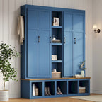 Porte-manteau 4-en-1 avec 4 placards, 6 patères et banc de rangement, blanc / bleu / noir, style rustique