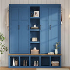 Porte-manteau 4-en-1 avec 4 placards, 6 patères et banc de rangement, blanc / bleu / noir, style rustique