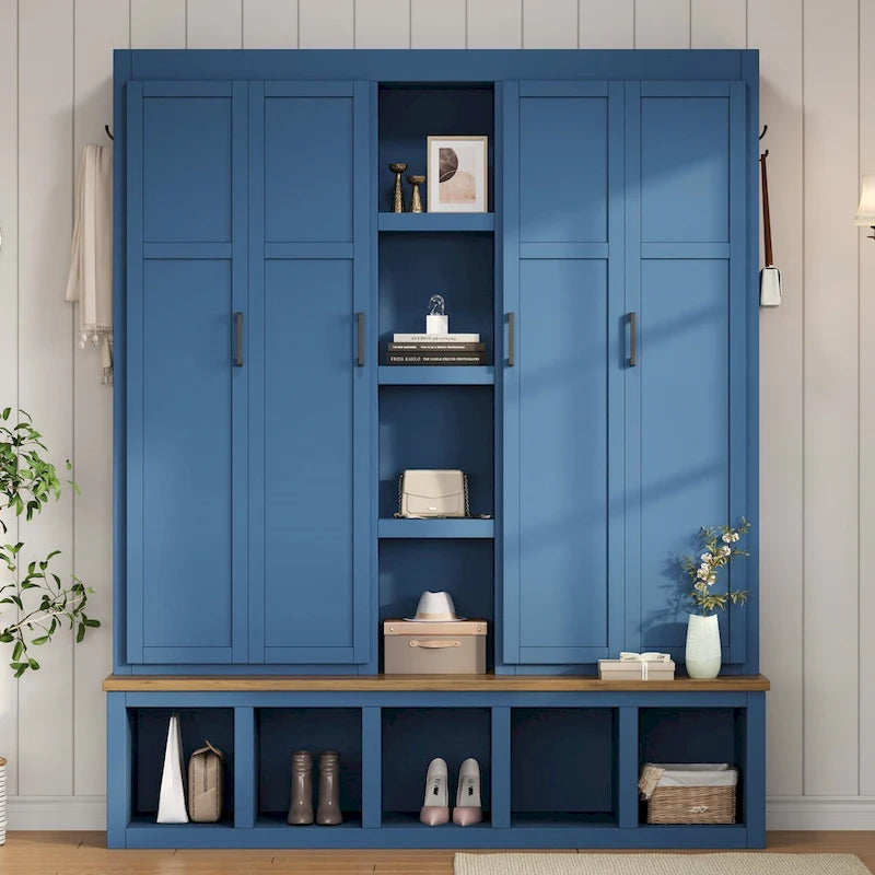 Porte-manteau 4-en-1 avec 4 placards, 6 patères et banc de rangement, blanc / bleu / noir, style rustique