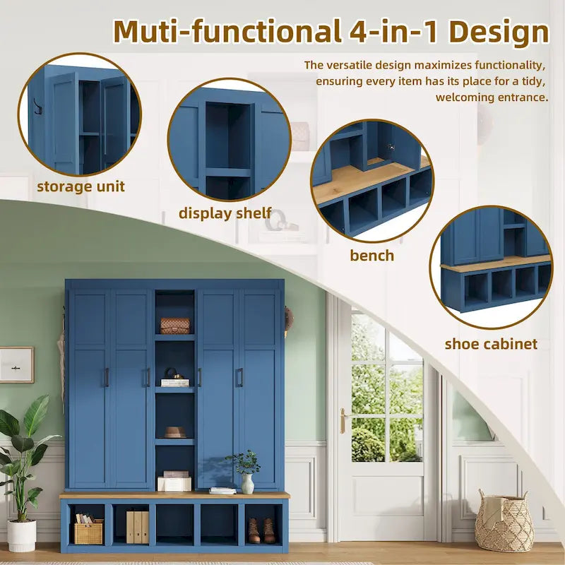 Porte-manteau 4-en-1 avec 4 placards, 6 patères et banc de rangement, blanc / bleu / noir, style rustique