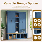 Porte-manteau 4-en-1 avec 4 placards, 6 patères et banc de rangement, blanc / bleu / noir, style rustique