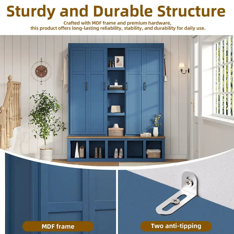 Porte-manteau 4-en-1 avec 4 placards, 6 patères et banc de rangement, blanc / bleu / noir, style rustique