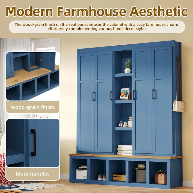 Porte-manteau 4-en-1 avec 4 placards, 6 patères et banc de rangement, blanc / bleu / noir, style rustique